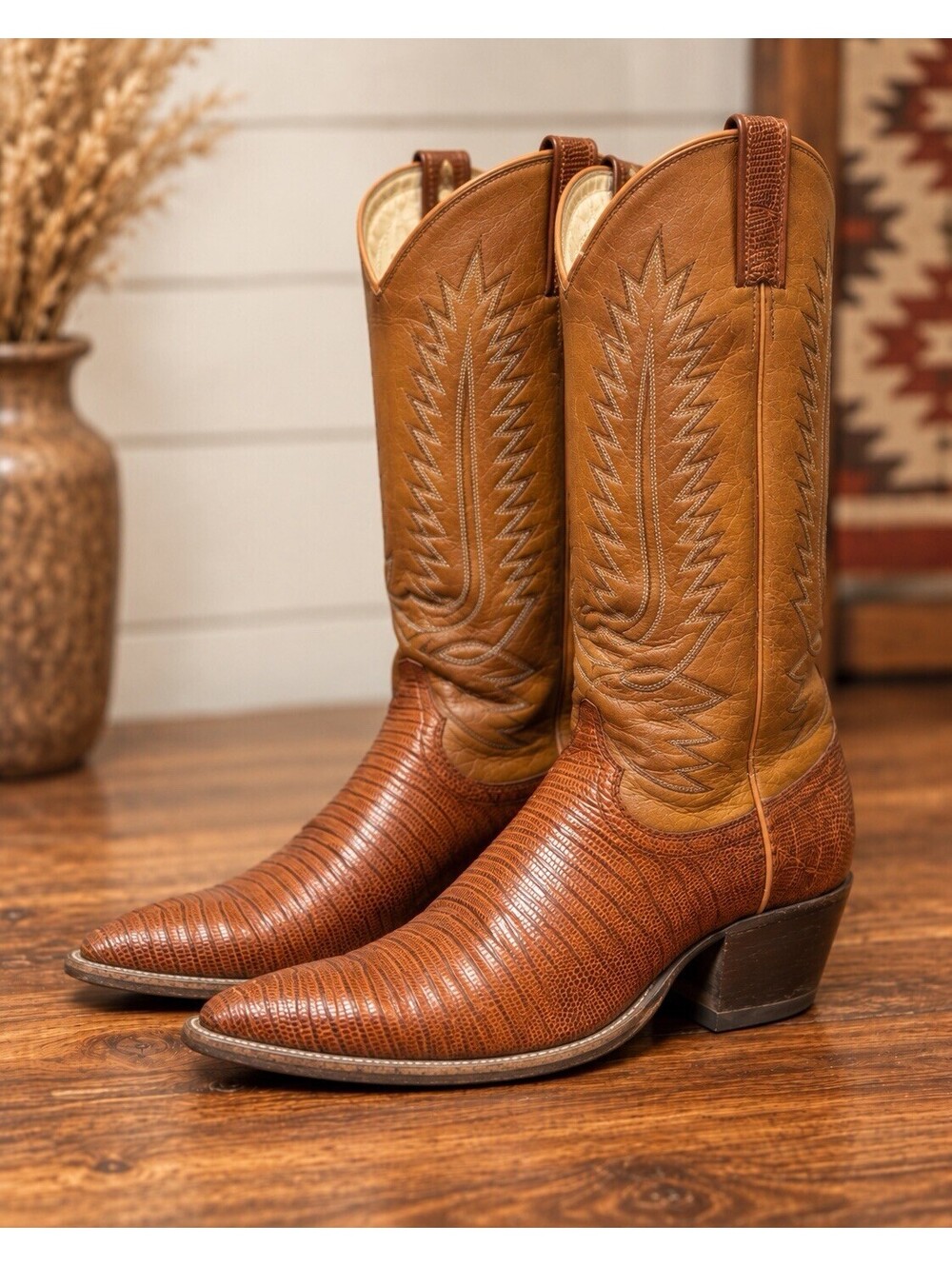 Vintage Dan Post Lizard Cowboy Boots Womens 9B Brown Western Exotic Leather 90s